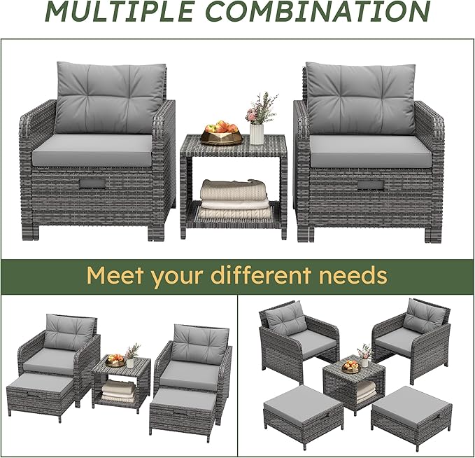 LHBcraft Balcony Furniture 5 Piece Wicker Patio Furniture Set, Outdoor Hand-Woven Rattan Lounge Chairs with Tempered Glass Coffee Table, Ottomans & Soft Cushions for Front Porch, Garden, Grey