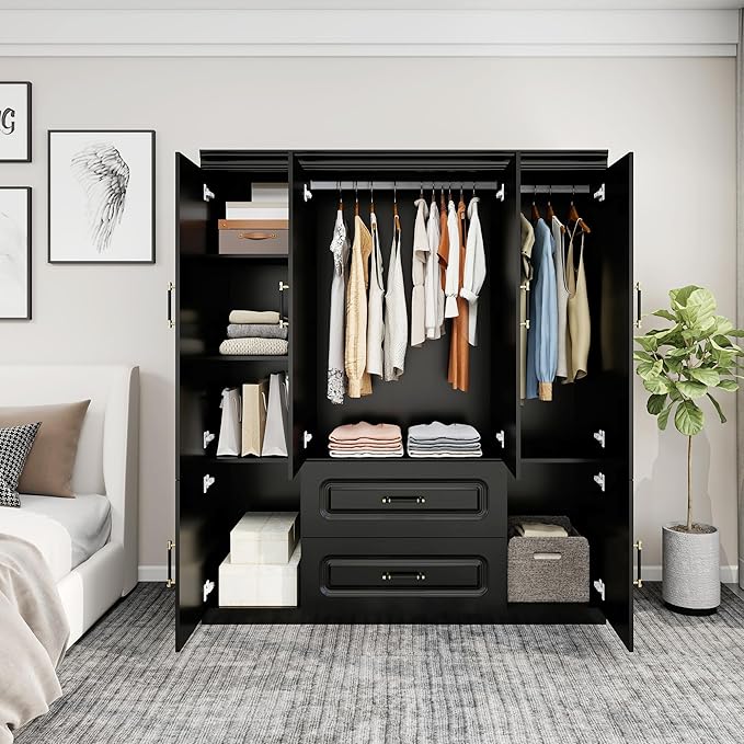 GraceGrove Armoire Wardrobe Closet with 4 Doors and 2 Hanging Rods, Armoire Wardrobe Closet Cabinet with 2 Drawers, Wood Closet Storage Wardrobe, Tall Armoires and Wardrobes Cabinet Black
