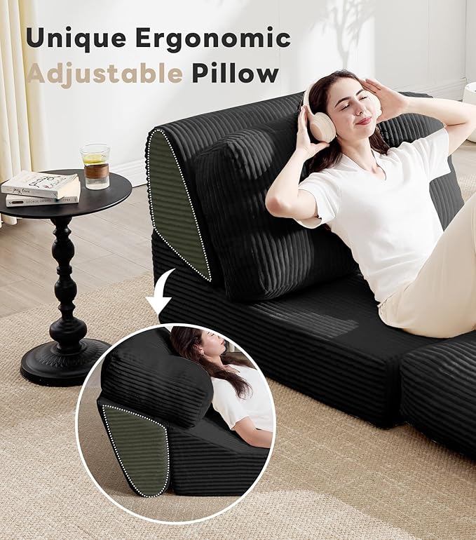 Tbfit Convertible Sleeper Chair, Adjustable Folding Sofa Bed with Large Pillow, Corduroy Folding Couch Bed, Portable & Foldable Mattress Boneless Floor Sofa for Living Room, RV, Office, Black, Single