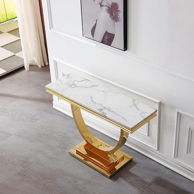 Modern Marble Console Table, Rectangular White and Gold Marble Sofa Tale with U-Shape Stainless Steel Base with Gold Mirrored Finish for Living Room (Gold2)