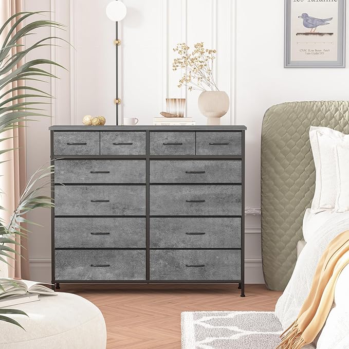 VASICAR Gray Dresser for Bedroom with 12 Deep Drawers, Wide Chest of Drawers, Wood Top TV Stand, Tall Fabric Storage Cabinet for Closet, Nursery, Kid's Room - Image 2