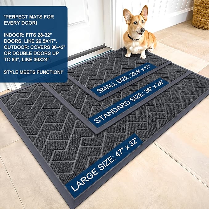 OLANLY Front Door Mat Indoor Outdoor Entrance, Waterproof All-Season, All-Weather Doormat, Sturdy Natural Rubber, Low Profile, Easy Clean Patio Porch Entryway Mat, Herringbone Brick (Grey, 47x17) - Image 2