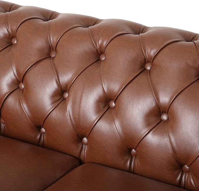 Merax 3 Seat PU Chesterfield Sofa, Retro Style Upholstered Leather Couch Rolled Arm for Living Room Bedroom Office, Light Brown