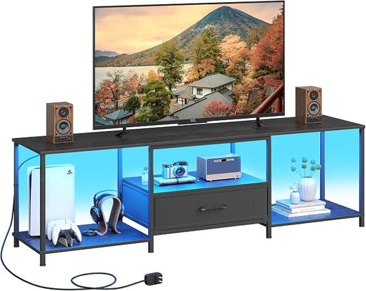 JARHETUN TV Stand with LED Lights, Entertainment Center with Open Shelves and Fabric Drawer, Media Console for 80 Inch TV, Television Stands for Living Room, Bedroom, Black by JARHETUN