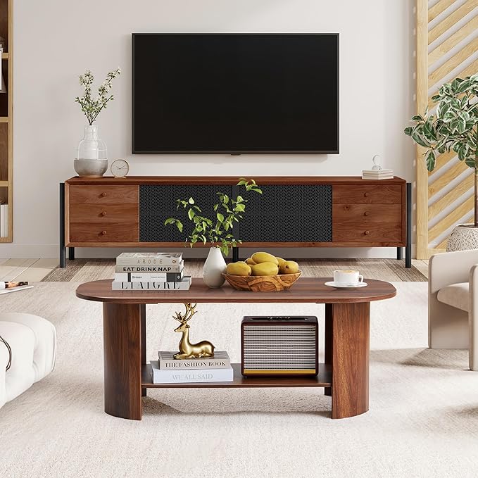 Oval Coffee Table for Living Room, 43.3” Farmhouse Coffee Tables with Storage, 2-Tier Wood Center Table with Storage Shelf Low Tea Table for Small Space, Home, Office, Easy Assembly (Walnut)
