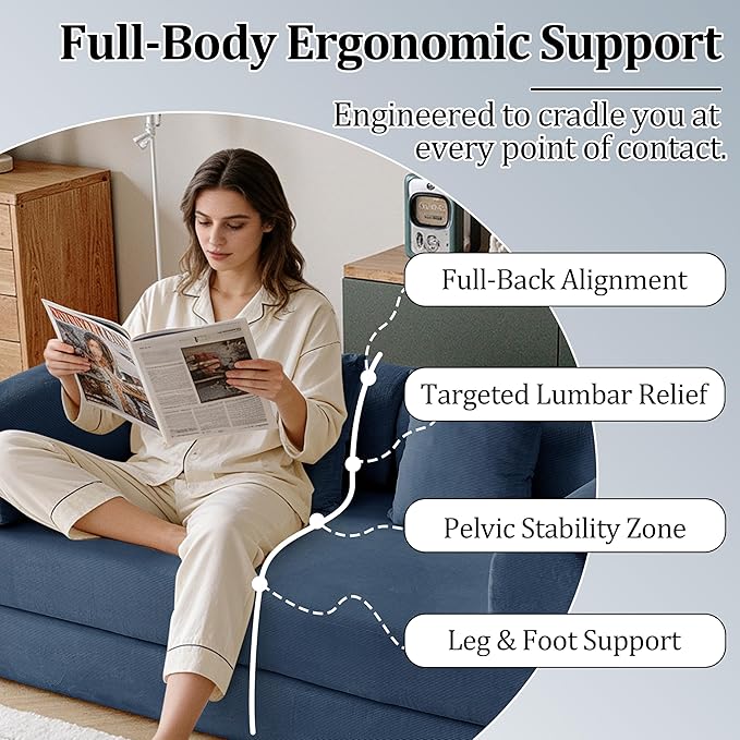 79'' Convertible Compressed Corduroy Folding Cloud Sofa Bed, 5 in 1 Modern Modular Boneless Pull Out Loveseat Sleeper in a Box, No Assembly Floor Mattress Futon Couch for Home, Blue, Pillows, King