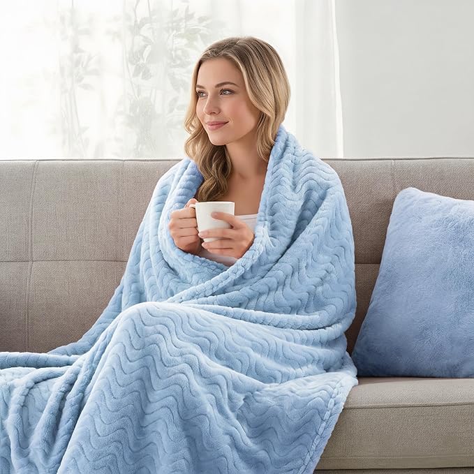Exclusivo Mezcla King Blanket for Bed, Cozy Lightweight Fleece Blankets for All Season, Decorative Giftable Fuzzy Plush Wave Textured Suitable for Women, Men, Light Blue, 90x104 Inches