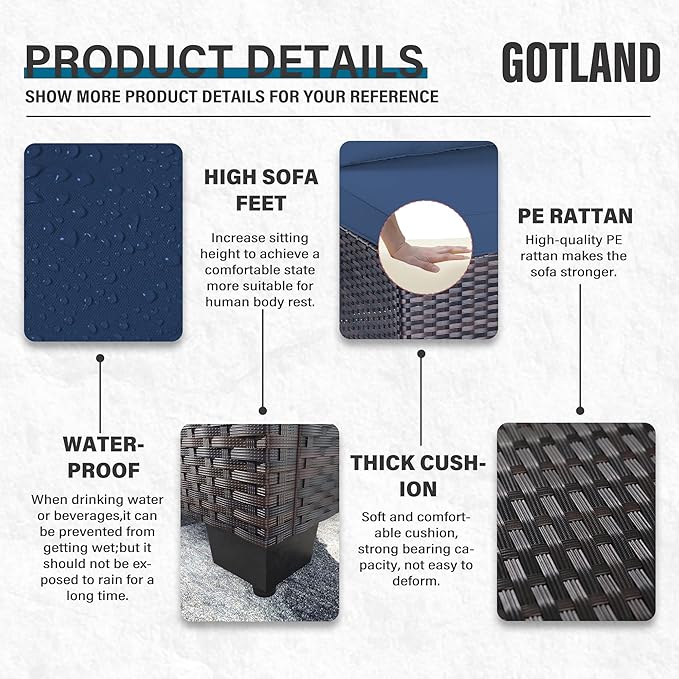 Gotland 7 Pieces Patio Furniture Set with 4’’ Thick Cushions, All-Weather PE Rattan Patio Set with 29.5'' High Backrest, Outdoor Furniture with Coffee Table for Porch Deck Garden Navy