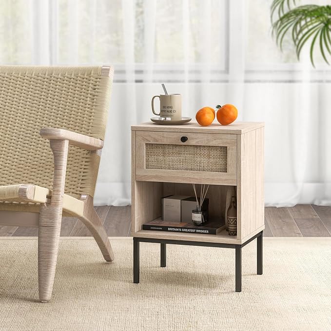 Giantex Rattan Nightstand with Drawer, Boho Side Table with 4 Metal Legs and Open Storage Shelf, Farmhouse Wood Night Stand for Small Spaces, 2 Tier Bedside Table for Bedroom Office, Oak - Image 8