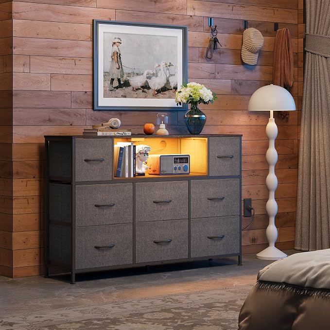 WLIVE Grey Dresser TV Stand for 45, 50, 55 inch TV, Entertainment Center with LED Lights & Charging Station, Chest of Drawers with 8 Fabric Drawers and Open Storage Shelves for Living Room, Hallway - Image 2