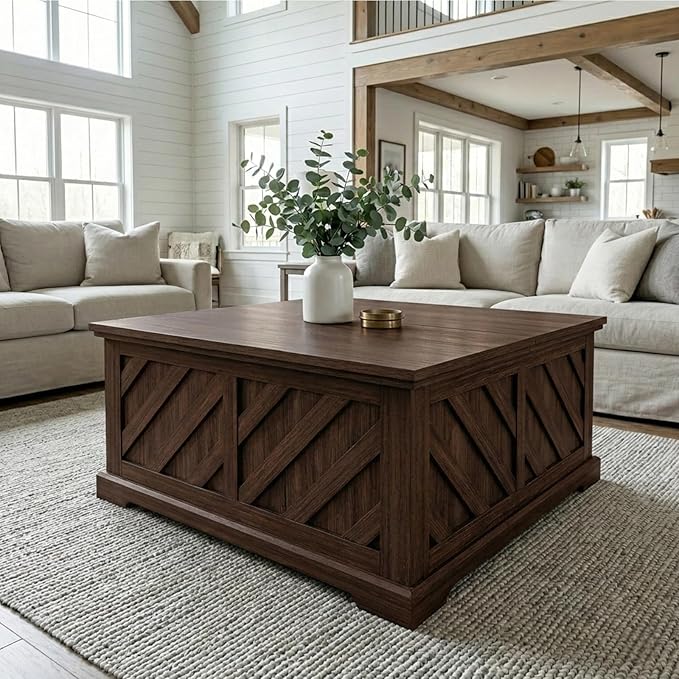 Amada Lift Top Coffee Table with Storage, Smooth Lifting Center Table with Hidden Compartment, Diagonal Pattern Wood Coffee Table for Living Room and Home Office, Rustic Brown