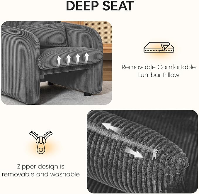 Modern Accent Chairs Set of 2, Comfy Upholstered Corduroy Armchair, Stylish Lounge Reading Chair for Living Room, Bedroom, Grey