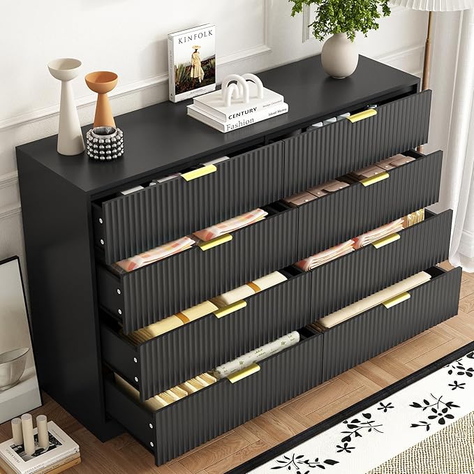 8 Drawer Dresser and Nightstand Sets for Bedroom, 3 Pcs Bedroom Set，Night Stand Set of 2 & 8 Drawer Dresser with Gold Handles, Modern Wood Chest of Drawers Storage Cabinet Set, Black
