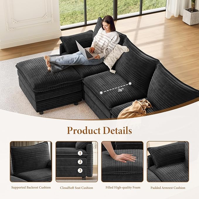 Vesgantti 108" Sectional Sleeper Sofa, 6-Seater Oversized Modular Cloud Couch with Movable Ottoman, Corduroy Large Sofa Bed Convertible Deep Seat Couches for Living Room, Bedroom and Apartment, Gray