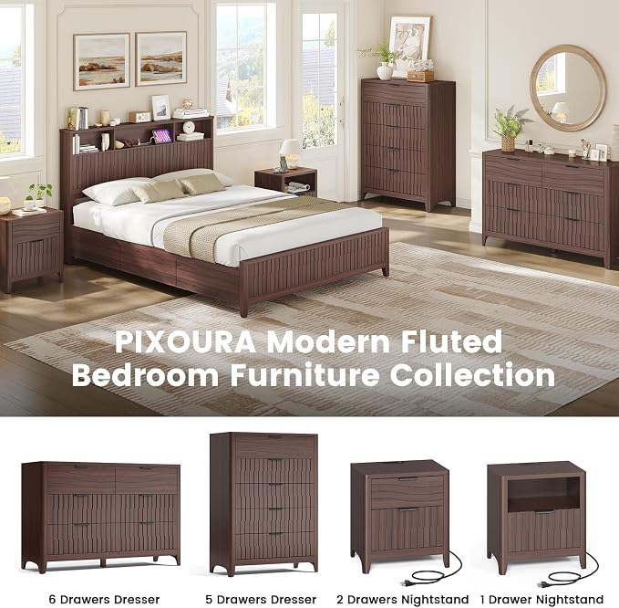 Fluted Nightstand with Charging Station, 21" Wide Modern Bedside Table with Storage Drawer, Wide Open Shelf & Curved Corner, Mid Century Night Stand End Side Table for Bedroom, Walnut - Image 9
