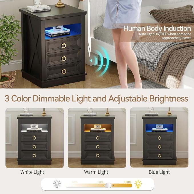 Lvifur Farmhouse Nightstand with Gun Drawer, Human Sensor LED Bedside Table with LED Lights & Charging Station, Rustic Wood Sofa Side End Table with 3 Drawers for Bedroom (Black) - Image 4