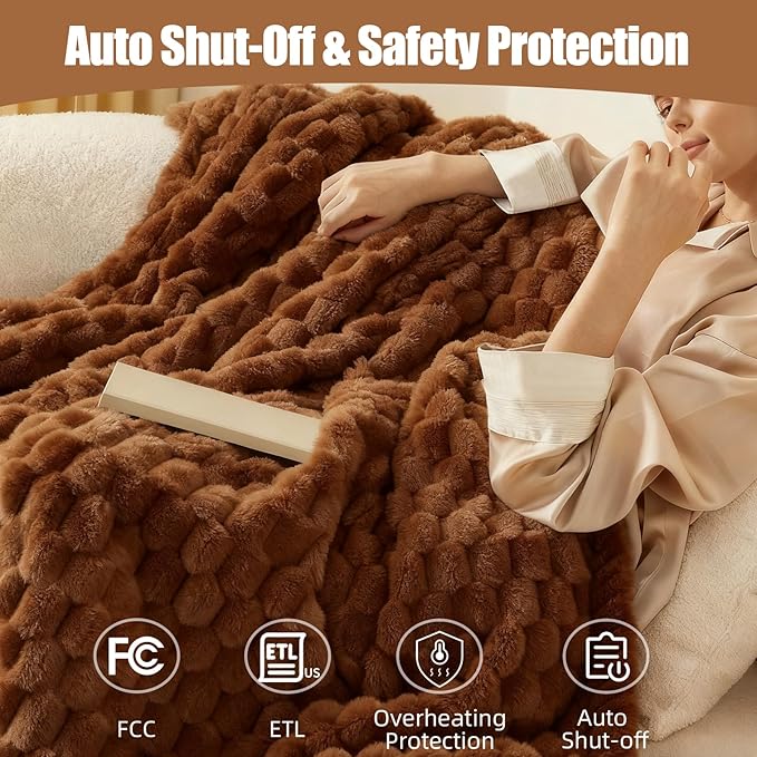 Eastsora Heated Blanket Electric Blanket Heating, Dual Control Soft Ribbed Faux Fur Electric Blanket with 12 Heat Levels 12H Timer ETL FCC Certified Machine Washable (Camel, King Size - 90" x 100")