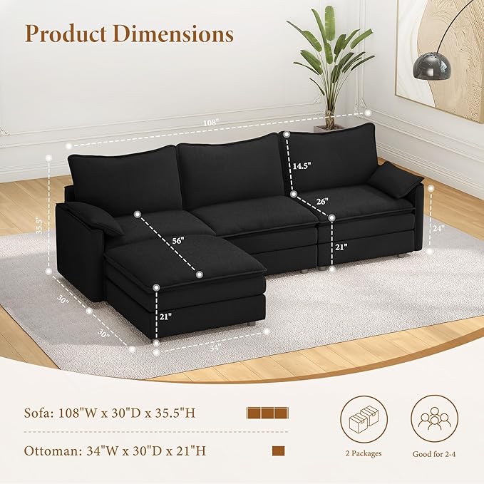 Vesgantti 108" Modular Sectional Sofa, Comfy Cloud Couch with Flexible Ottoman Deep Seat Chenille L Shaped Modular Sofa, Sectional Couches for Living Room, Bedroom and Apartment, Black