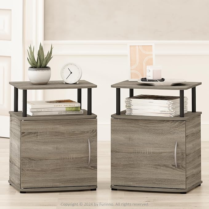 Furinno TIDUR Night Stand Set of 2, Nightstand with Open Shelf and Door Cabinet, Round Corner Bedside Table, End Table, Side Table, for Bedroom, Closet, Dorm, French Oak by Furinno-FitsYourSpaceFitsYourBudget