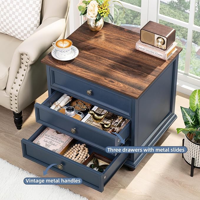 Joaxswe 24" Wide Farmhouse Night Stand Set of 2,Large End Table with 3 Drawers & Metal Handle,Blue Dresser for Bedroom,Bed Side Table Chest of Drawers Cabinet,Wood Nightstand for Living Room,Closet - Image 4