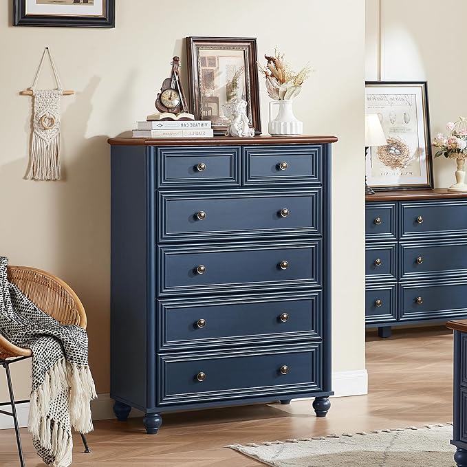 RWYHG Farmhouse 6 Drawer Dresser, Blue Chest of Drawers, 43.5" Tall Dressers for Bedroom with Roman Column and Metal Handles, Rustic Wood Storage Organizer for Living Room, Hallway, Closet - Image 6