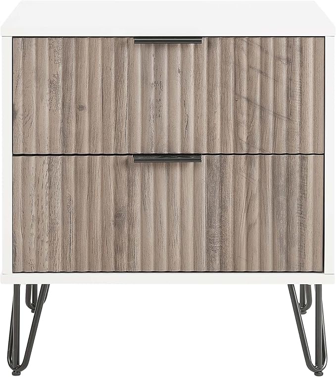 Manhattan Comfort Dumbo Fluted Nightstand with 2 Drawers, Gold Metal Legs and Metal Handles, Tool-Free Assembly Modern Bedside Accent Table with Storage for Bedroom, Living Room in White & Rustic Grey by ManhattanComfort