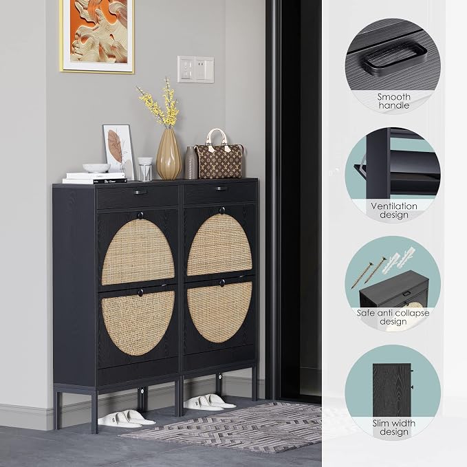 Yechen Shoe Rack Storage Organizer with 2 Natural Semi-Circular Rattan Doors, Entryway Wooden Shoe Cabinet for Sneakers, Leather Shoes,Heels (2 Piece, Black) - Image 6