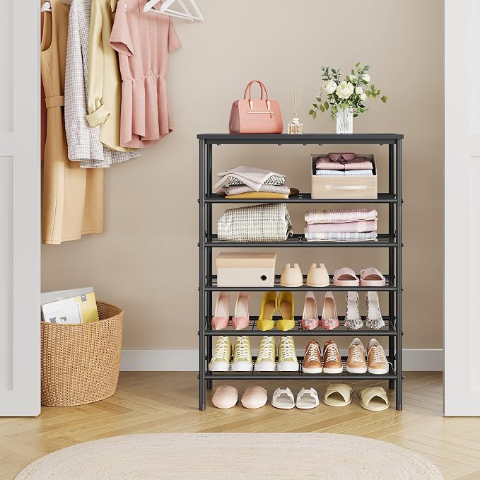 Tajsoon 6 Tier Shoe Rack Organizer for 20-24 Pairs of Shoes, Metal Mesh Shoe Shelf for Closet, Industrial Shoe Rack for Entryway Shoe Storage with X Shape Fixed Frame, Black - Image 7