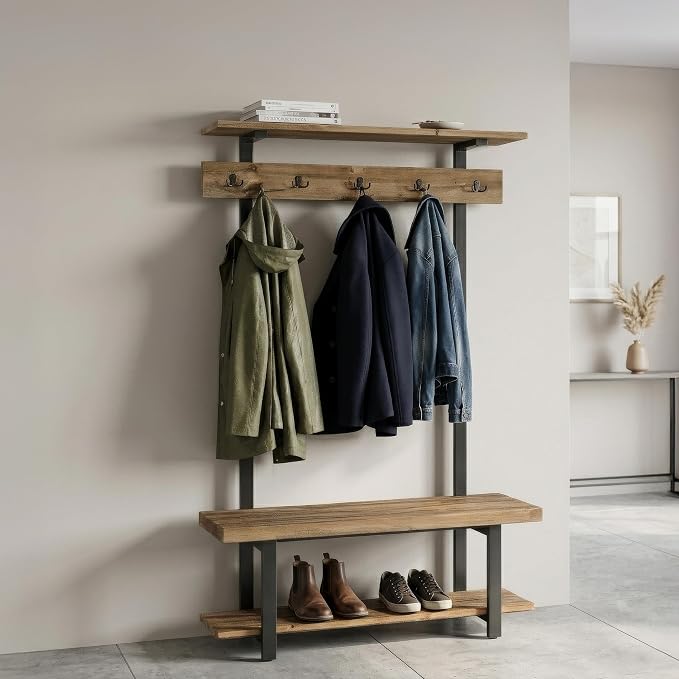 Alaterre Furniture Pomona Entryway Hall Tree – Modern Farmhouse 48-Inch Solid Wood Hall Tree with Bench, Shelves & Metal Coat Hooks – Mudroom & Foyer Storage for Jackets, Bags & Shoes (Rustic Brown) - Image 4