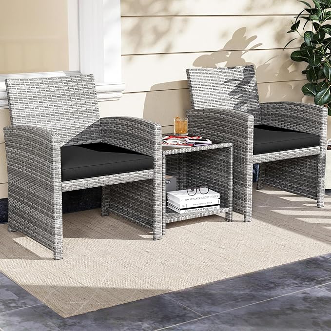 Tangkula 3 Pieces Patio Furniture Set, PE Rattan Outdoor Chairs with Tempered Glass Coffee Table & Soft Seat Cushions, Patio Bistro Set, Outdoor Conversation Set for Porch, Backyard Poolside (Black)