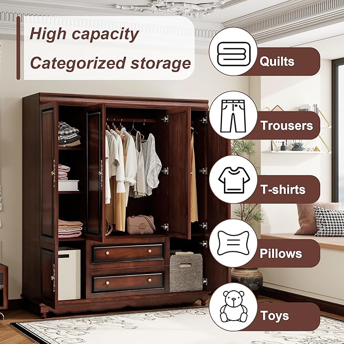 Solid Wood Cherry Red Armoire Wardrobe Closet: 4 Door Solid Wood Wardrobe Cabinet with 2 Drawers, Armoire Closet with Hanging Rods Storing Clothes for Bedroom