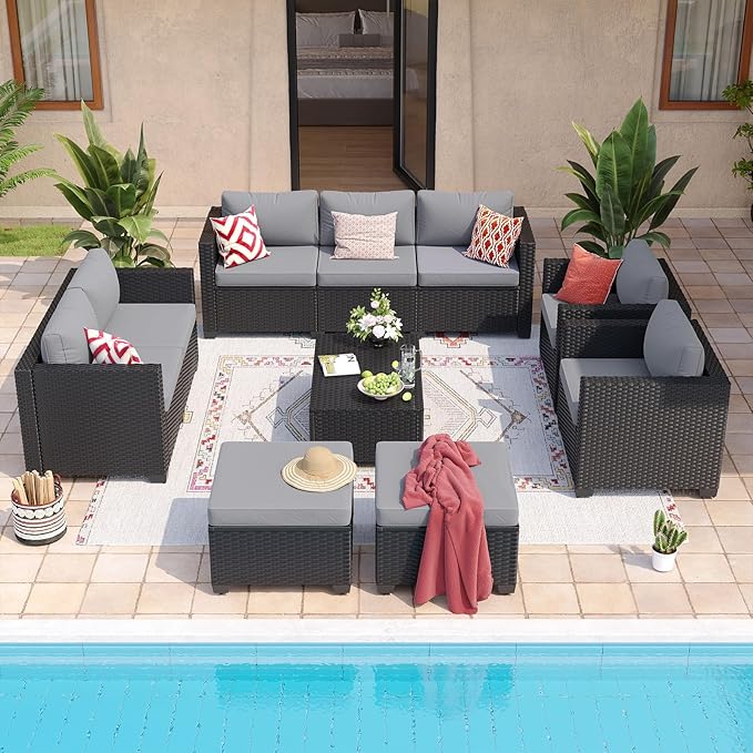 Aoxun 10 Piece Outdoor Patio Furniture Set 9 Seats, Outdoor Sectional with Thick Waterproof Cushions & Storage Coffee Table, Patio Conversation Sets for Garden,Backyard, Porch, Balcony, Deck, Gray
