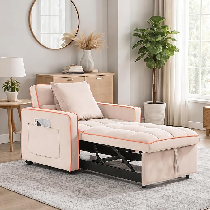 Convertible Sleeper Chair, Pull Out Chair Sleeper with Pillow, Chairs Bed Sleepers for Adults, 3 in 1 Sofa Bed Chairs for Small Spaces, Living Room, White