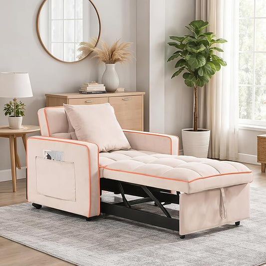 Convertible Sleeper Chair, Pull Out Chair Sleeper with Pillow, Chairs Bed Sleepers for Adults, 3 in 1 Sofa Bed Chairs for Small Spaces, Living Room, White