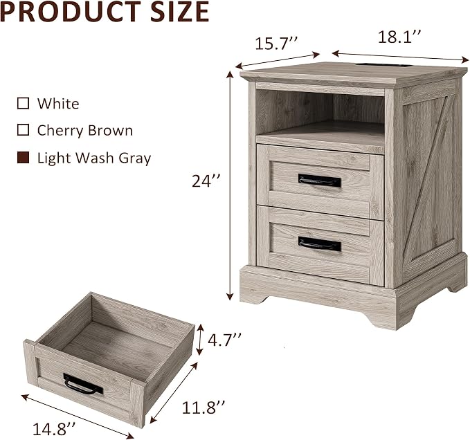 Whalefall Farmhouse Nightstand with Charging Station, 2 Drawers Bed Side Table, 18 inch Wide End Table for Bedroom, Living Room, Light Wash Gray - Image 2