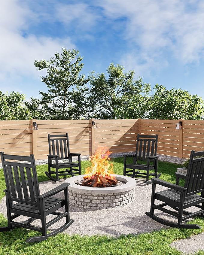 Garvee HDPE Rocking Chair Outdoor Set of 4 - Poly High Back Porch Rocker Chairs for Adults - All Weather Resistant Furniture for Patio Front Porch - Black by Garvee