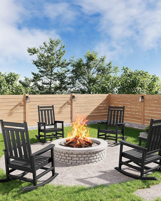 Garvee HDPE Rocking Chair Outdoor Set of 4 - Poly High Back Porch Rocker Chairs for Adults - All Weather Resistant Furniture for Patio Front Porch - Black by Garvee