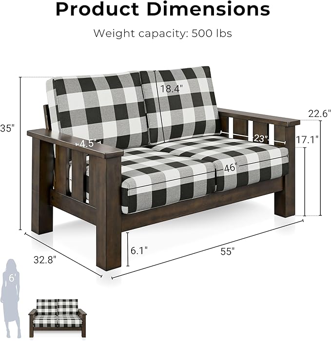 Furniture of America Gavik Modern 2-Piece Solid Wood Sofa Set with Plaid Removable Cushions, Black and White Upholstery Fabric, Comfortable Couch and Loveseat for Living Room, Dark Walnut