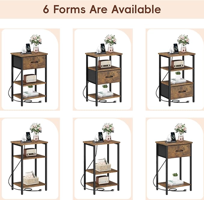 Vagusicc Nightstand with Charging Station, Bed Side Table with Adjustable Fabric Drawer, Night Stand for Bedroom, 3-Tier End Table with Storage Shelf for Living Room, Tall Bedside Table, Brown - Image 4