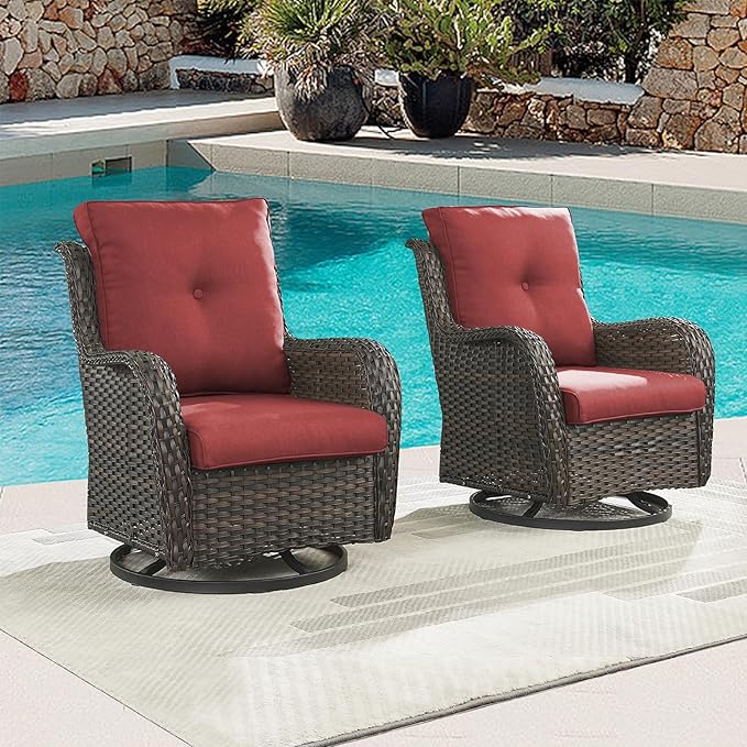 Rilyson Patio Chairs Wicker Outdoor Chair - 4 Piece Rattan Swivel Rocking Chairs Set Patio Glider Rocker Chair for Porch Deck Garden Backyard(Brown/Red)