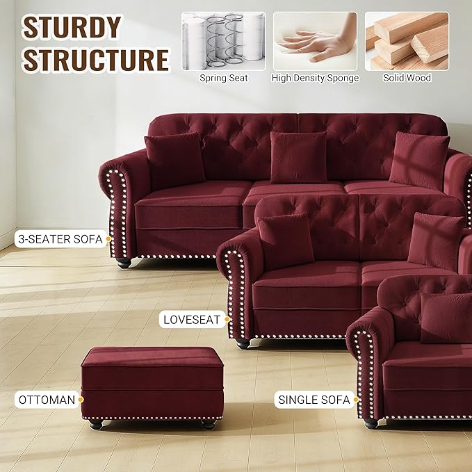 KEIKI 83" Velvet Chesterfield Sofa with Rolled Arms & Nailhead Trim & 2 Ottoman, Modern 3-Seater Button Tufted Couch with High Resilience Cushion & 3 Pillow, Easy Assembly, for Living Room, Burgundy