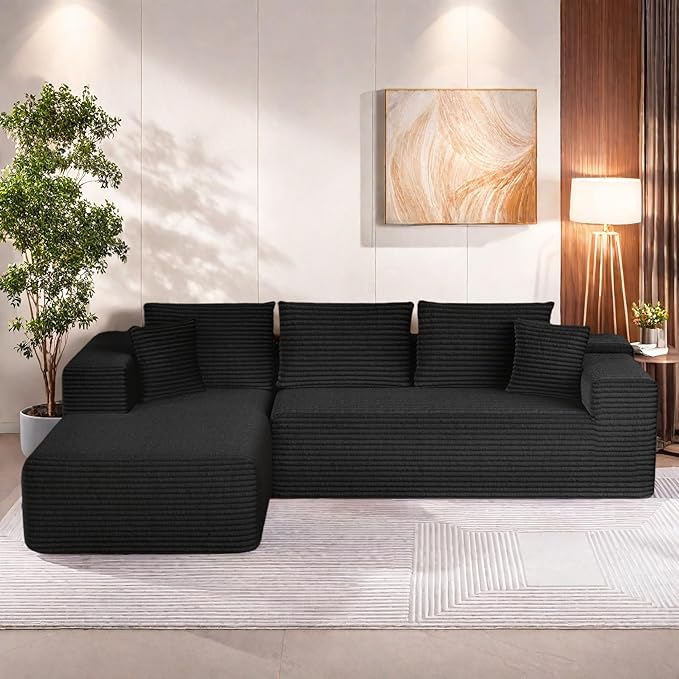 L-Shape Cloud Sectional Sofa, 104” Modern Modular Boneless Couch with Right Chaise Lounge, Compressed Floor Sofa with 5 Pillows & Deep Seat, Flannel Velvet Couch for Living Room, Black