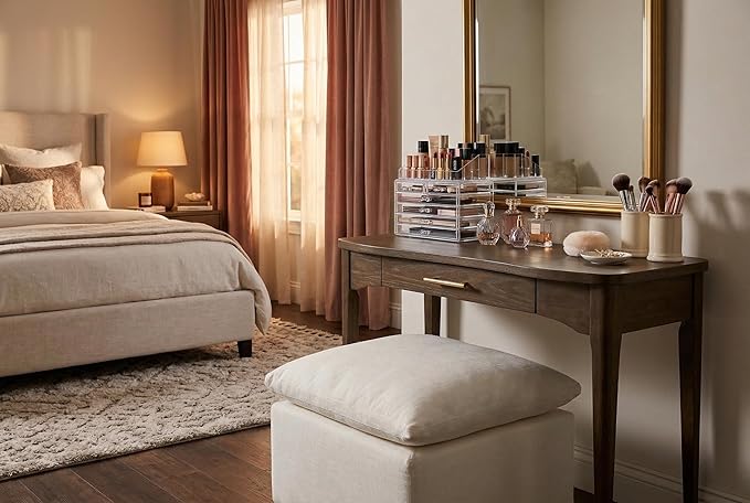 Cream Square Ottoman Footstool, Cloud-Like Pillow-Top Soft-Textured Ottoman Coffee Table, Compact Footstool for Living Room, Bedroom Vanity Stool, Low-Profile Floor Cushion forSmall Spaces