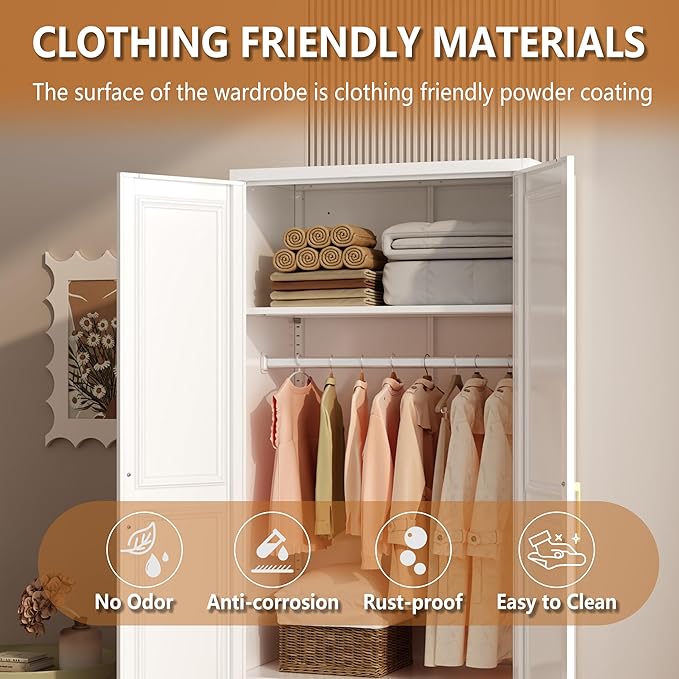 Polup Metal Armoire Wardrobe Closet with Doors and Shelves, 71" Tall Freestanding Wardrobe Cabinet for Hanging Clothes, Large Closet with Hanging Rod for Bedroom, Office, School, Employee, Gym, White