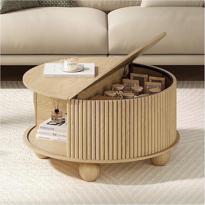 Round Coffee Table with Storage, 31.5" Mid Century Modern Coffee Table with Sliding Door & Bun Feet, Minimalist Fluted Center Table for Living Room, Home Small Space, Oak