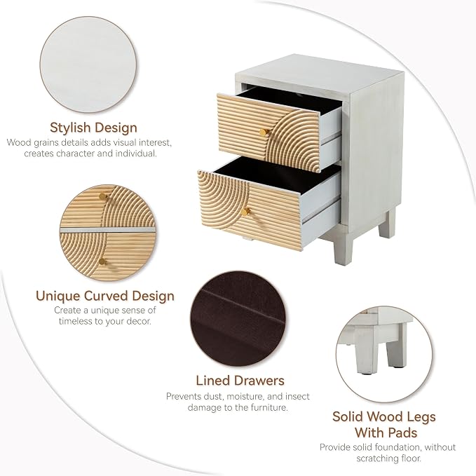 COZAYH 2-Drawer Farmhouse Nightstand, Mid Century Nightstand Fully Assembled with Handcrafted Wood Ring Pattern for Boho, Mid-Century, Rustic Style, White - Image 4