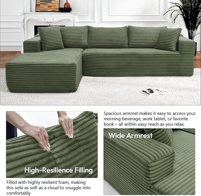 Cloud Sectional Couch, Modular Sectional Sofa with Right Chaise Lounge, Modern Modular L-Shape Sofa with Pillows & Deep Seat, Boneless Couches for Living Room Bedroom, Green