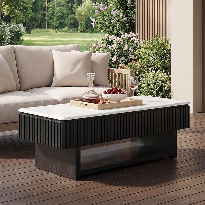 47.4" Rectangle Lift Top Coffee Table with Drawer & Hidden Storage, Modern Fluted Coffee Table with Marble-Pattern Top & Solid Wood Strips, Center Table for Living Room Apartment,Black & White