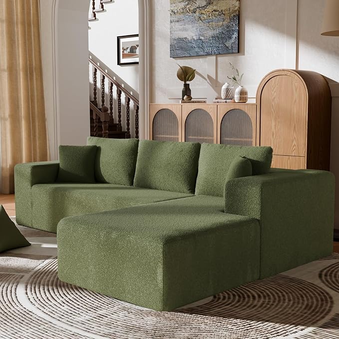 106" Modular Sectional Sofa, Green Wool Cloud Couch with Left Chaise, Deep Seat Boneless Floor Sofa for Living Room, High-Resilience Foam Support, No Assembly Required, Includes Pillows | Sectional Sofa, Corduroy Cloud, Boneless, High-Resilience, No As...