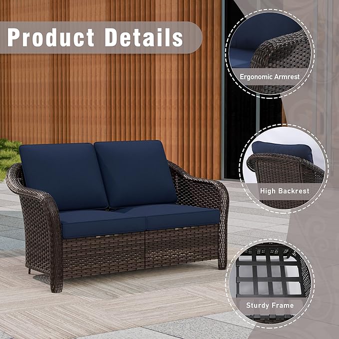 5 Piece Patio Wicker Conversation Set, All-Weather Use Outdoor Wicker Loveseat with 2 PE Rattan Ottomans,2 Swivel Chair, 1 Side Table, Ideal for Porch, Backyard, Balcony, Poolside, Blue